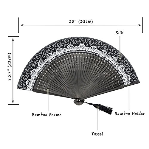 Omytea Folding Hand Held Rave Bamboo Fan For Women - Chinese Japanese Spanish Lace Pattern Handheld Fan - For Wedding, Decoration, Performance, Dancing, Church, Party, Gifts (Black) #TOP1