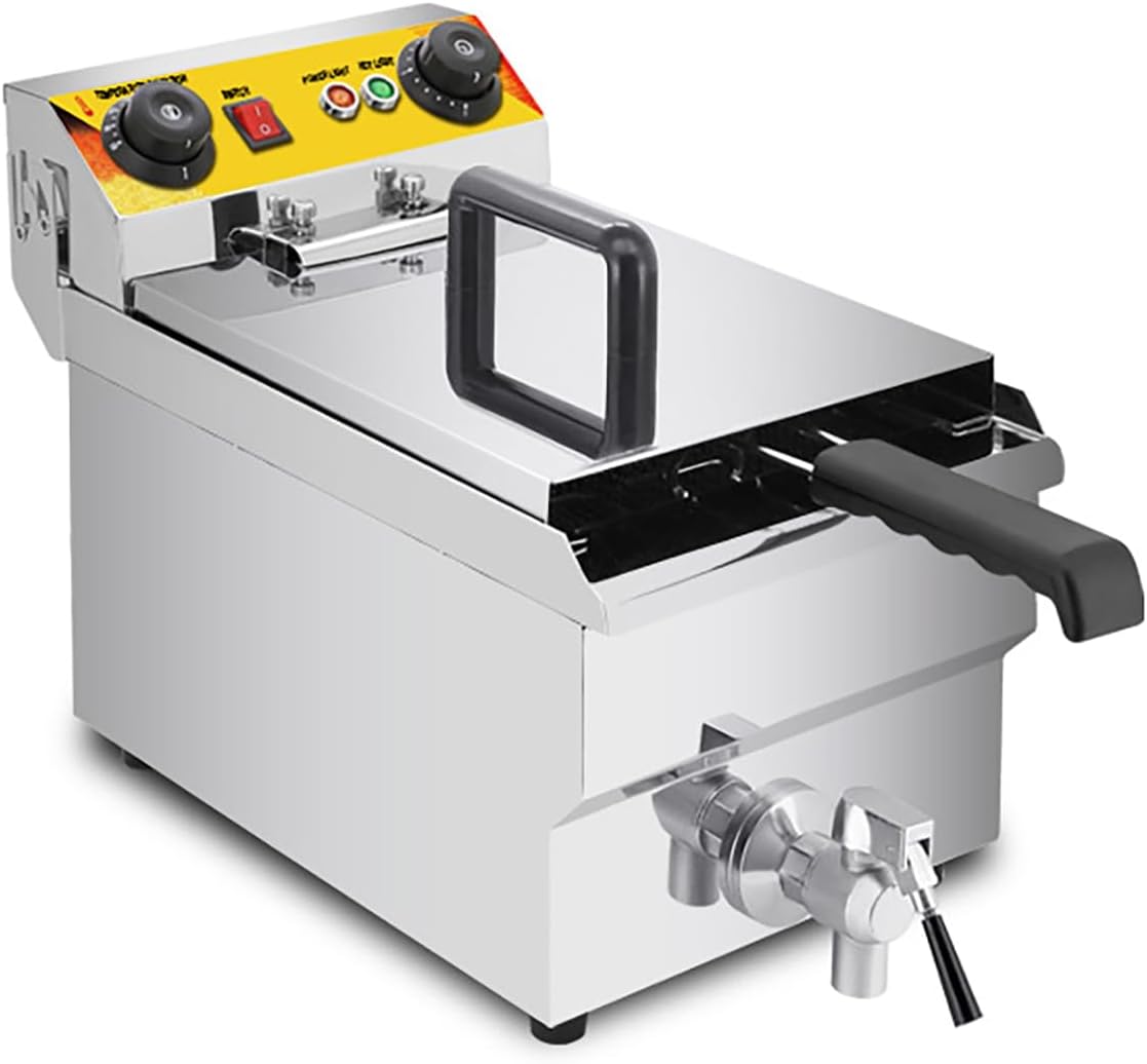 11L Commercial Electric Deep Fryer - Single Tank Frying Machine for Chicken, Popcorn, and French Fries - High-Capacity Fryer with Oil Drainage System,Silver