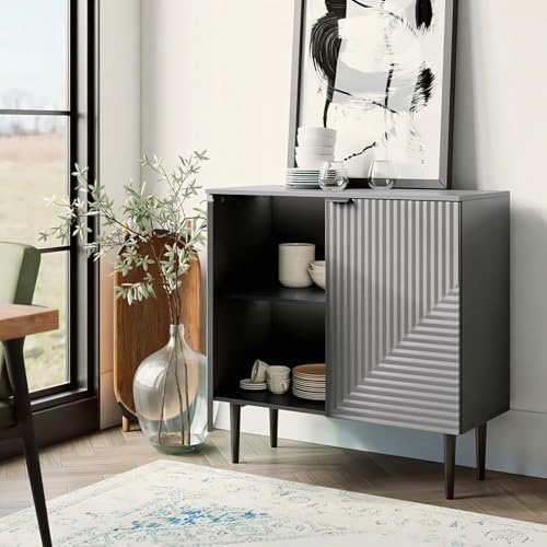 Image of Prism Pattern Wooden Sideboard Cabinet | 2 Door Storage Unit with Metal Legs | Premium HDMR Wood Console Cabinet for Living Room, Kitchen & Dining | DIY Leg Assembly | Grey