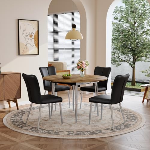 Image of Extendable Round Dining Table Set for 4, 42-54 inch Expandable Dining Table with 4 Upholstered Chairs, Engineered Wood Top, Space-Saving Round Kitchen & Dining Room Table Set(1 Table + 4 Black Chairs)