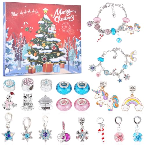 Adventskalender 2025 DIY Armbänder Set, Weihnachtsgeschenke Kinde Weihnachtskalender Schmuck Armbänder Halsketten, Geschenke für 5 6 7 8 9 10 11 12 13 Jahre Mädchen