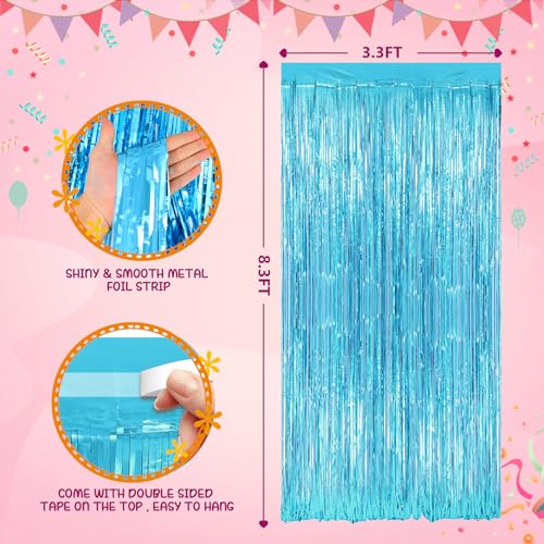 Image of Light Blue Metallic Tinsel Foil Fringe Curtains Backdrop 2Pack 3.3x8.3Ft Blue Party Streamers for Birthday Party Decorations Halloween Christmas Decors Foil Curtain Backdrop for Bachelorette Wedding