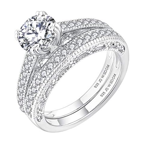 JO WISDOM Women Ring Bridal Sets,925 Sterling Silver Solitaire Engagement Wedding Anniversary Promise Ring with 7mm 5A Cubic Zirconia,size M,Jewellery for Women Cover