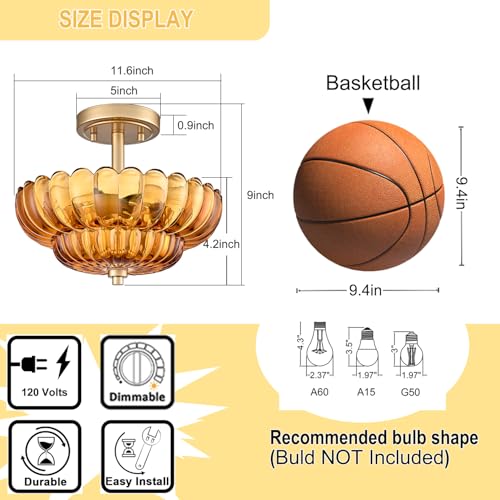 Image of Modern Amber Glass Scalloped 3-Light Flush Mount Ceiling Light Gold Base