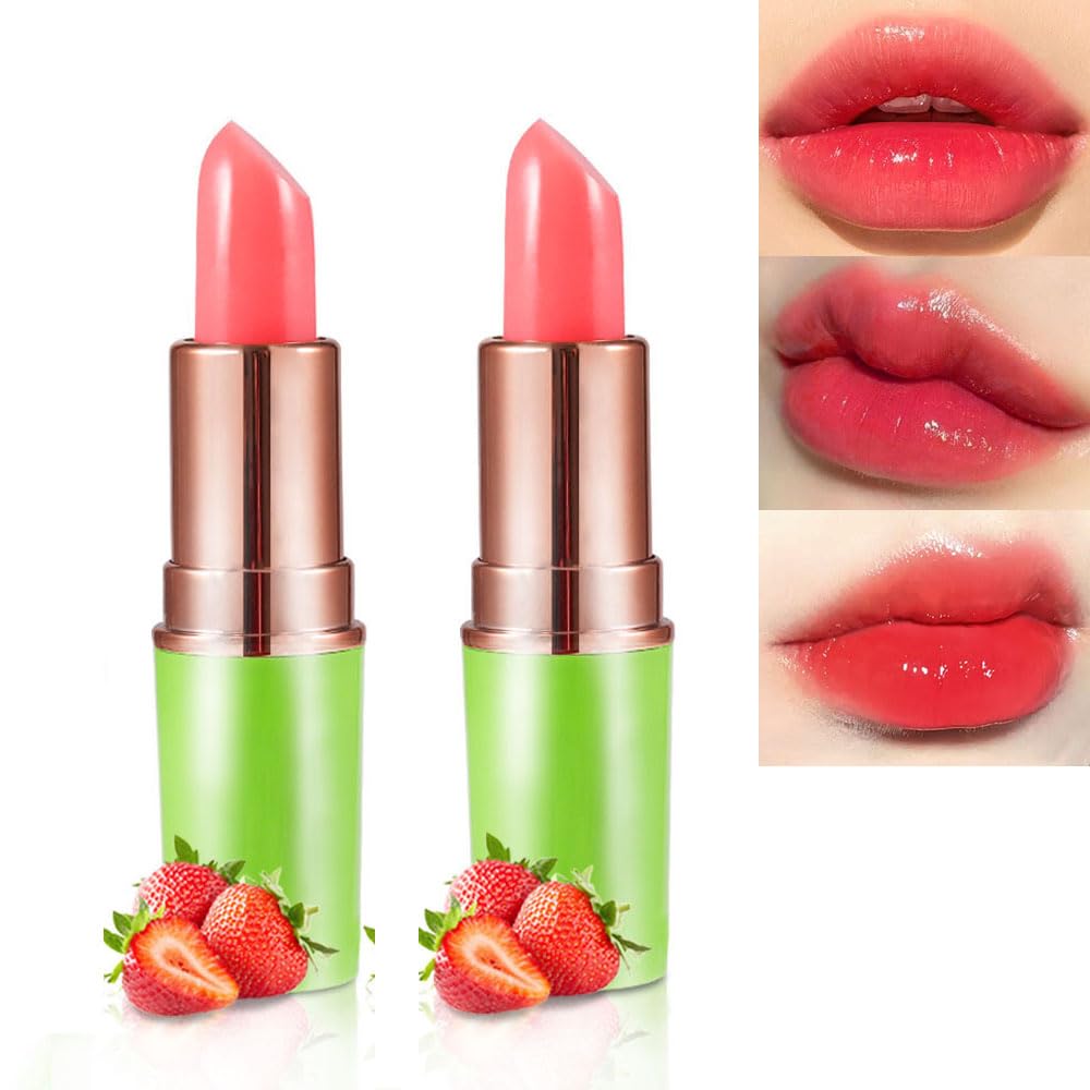 BINGBRUSH Aloe vera Color Changing Lipstick,Moisturizer Long Lasting Lip Care Magic Lip Gloss,Mood Makeup Lipstick Set,24 hours original(3Pcs Aloe+Strawberry+Cherry, 3 Count (Pack of 1)): 2 Count (Pack of 1) 2pcs Strawberry