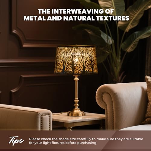 Image of Metal Lampshade, Large Lamp Shade for Table Floor Lamps, (12x8)'' Topx(14x10.5)'' Bottomx8.5 inch Height Oval Shade, Etched Forest Gothic Style Replacement Lamp Shade(Spider), Black Gold