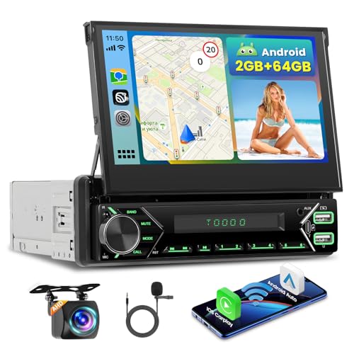 2+64GB Inefala Android 13 1 DIN extraíble Radio de Coche, 7 Pulgadas HD de Pantalla táctil con Wireless CarPlay Android Auto GPS WiFi BT SWC FM/RDS UI Retroiluminación USB Mic Cámara de Marcha atrás