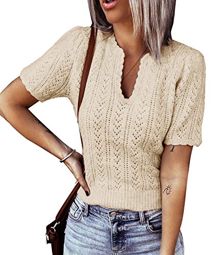 Flysearcher Crochet Top For Women Short Sleeve Summer Casual Spring Knitted Sweater Soft Blouse Cute Outfits Ootd T Shirt Apricot Xl #TOP26