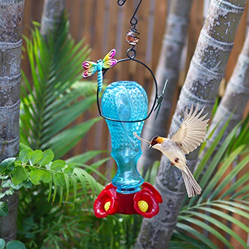LIFFY Hanging Hummingbird Feeders Hand Blown Glass for Garden Outdoor Decorative with Dragonfly Decoration and Accessories Hook Wild Backyard Attracting Birds