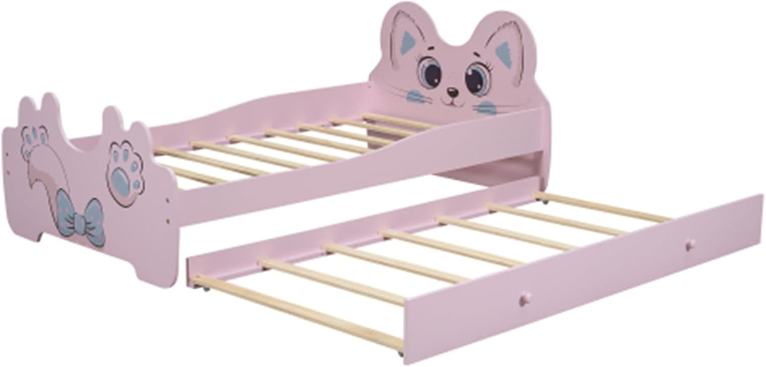 Children's Cartoon Bear and Kitten Pattern Single Platform Bed with Roller Bed Frame, Pink