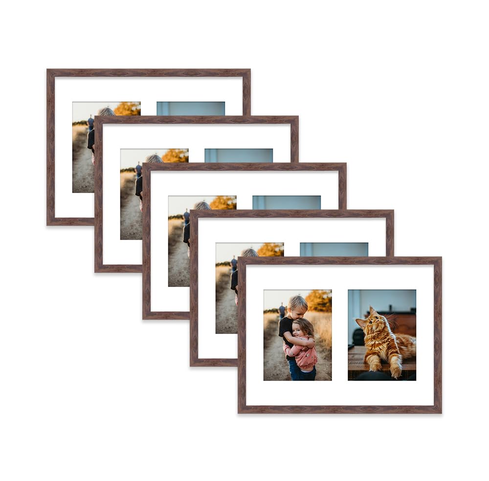 Walnut Multi Photo Frame - Holds 2 x 8x6 Pictures, Family Collage Picture Frame for Wall Display, 16x12 Frame size, Set of 5
