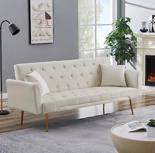 72"Modern Velvet Sofa Bed Futon,Convertible Folding Sleeper Bed Couches With 3 Adjustable Backrests,Tufted Recliner Love Seat With Golden Chrome Legs For Living Room Apartment Home Office (Beige) #TOP2