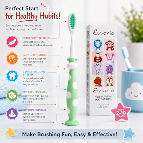 Image of Toothbrush for Kids with Ultra Soft Bristles for Oral Cleaning, Suitable For 2-12 Years Toddlers, Giraffe Design, Green, Pack of 1