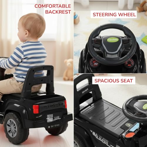 Image of Baybee Rover Baby Ride on Car for Kids | Push Ride on Toys Car with Backrest & Toy Storage Basket | Portable Rideons Jeep with LED Lights & Music | Kids Toy Car to Drive 1-3 Years (Black)
