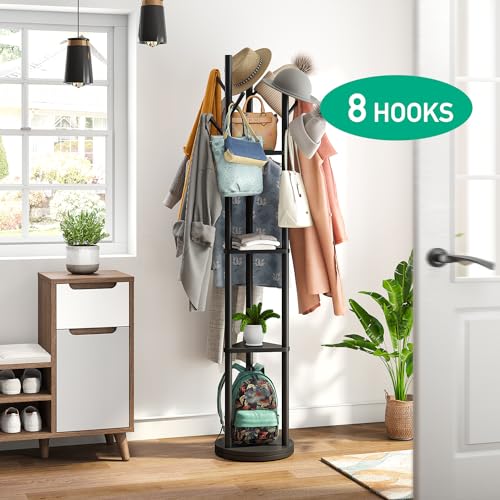 kiplant Rotary Coat Rack Stand with 8 Hooks, Black Bamboo Wood Coat Tree for Clothes/Bags/Hats, Large Coat Rack Freestanding for Entryway (Black_triangle)