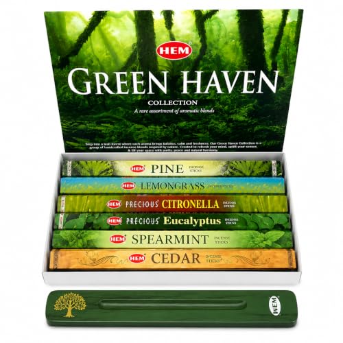 Hem Incense Sticks Assorted Green Haven Pack (6 Sets x 20 Sticks) with Incense Stick Holder 120 Sticks Total | Pine Lemongrass Citronella Eucalyptus Spearmint Cedar