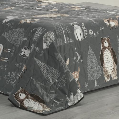 Colcha bouti infantil forest gris con acolchado resistente de patrón cosido 3