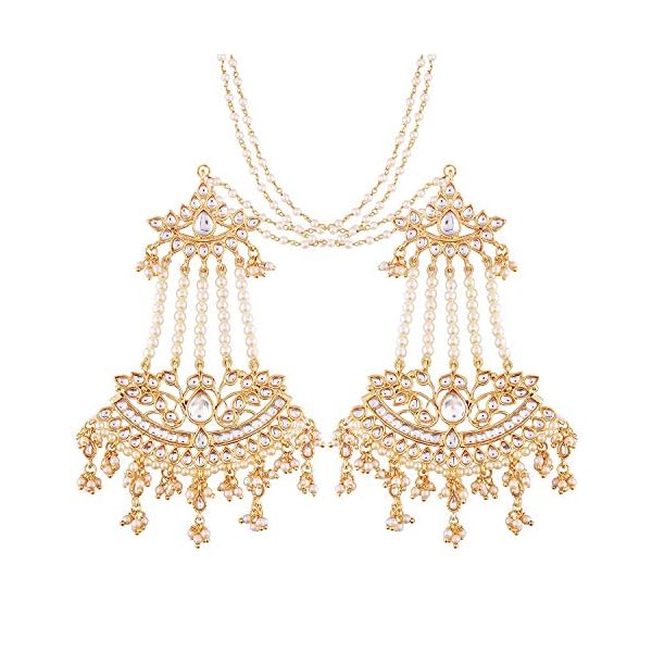 Peora White Baby Pearls & Kundan Studded Drop Earrings with Chains Gift for Women