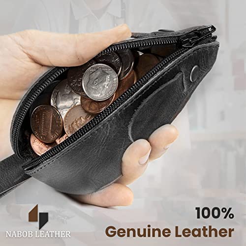 Image of Rustic Leather Mouse Coin Purse Change Pouch Holder Cute Design YKK Zipper Handmade By Nabob Leather (Rustic Black)