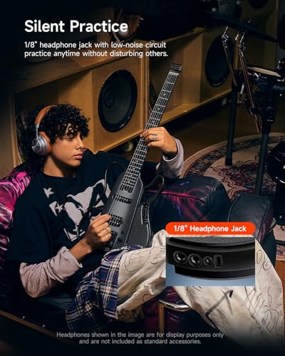 Image of DONNER HUSH X LIVE Electric Guitar with Detachable Speaker, Headless Travel Guitar Built-in Amp Modeling & Effects, Bluetooth Practice Guitar Kit with Gig Bag, Black
