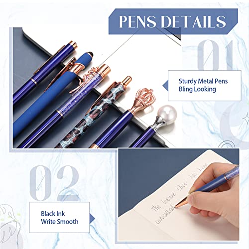 Image of Janmini Metal Ballpoint Pens with Cute Diamond Pattern Journaling Pen Black Ink Retractable Glitter Pens for Women School Wedding Office Home (9 Pack) (Dark Blue)