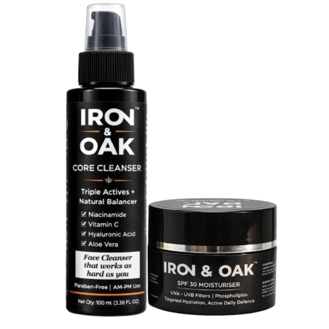 Iron & Oak Core Cleanser + SPF 30 Moisturiser Combo for Men | Deep Clean + Daily Sun Protection | With Phospholipids for Barrier Support | Hydrates & Protects Skin | Pack of 2-image-7
