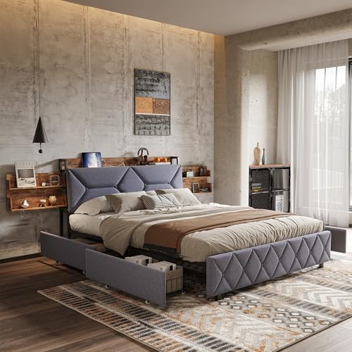 PerGar Cama tapizada 160x200 cm, Camas Doble con canapé y cabecero, 4 cajones, Cama de Metal Juvenil con USB, para Dormitorio, habitación de Invitados, sin colchón, Lino, Gris