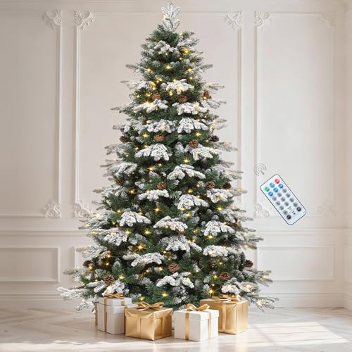 DWVO Prelit Christmas Tree 7.5ft, Full Natural Green Alaska Pine with Snow, 36 Pine Cones and 400 LED Lights, Xmaxs Artificial Trees with 1200 Hinged Branch Tips & Stand Decoration Remote Controlled
