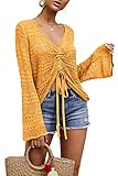 FERBIA Women Crochet Top Beach Cloth Drawstring Shirt Cover Up Oversized Sexy Beachwear Lace Up Tee Poncho (Light Yellow, Small)