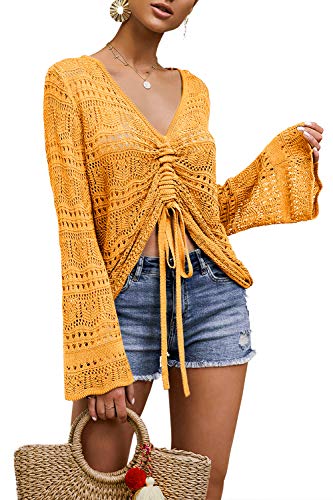 FERBIA Women Crochet Top Beach Cloth Drawstring Shirt Cover Up Oversized Sexy Beachwear Lace Up Tee Poncho (Light Yellow, Small)