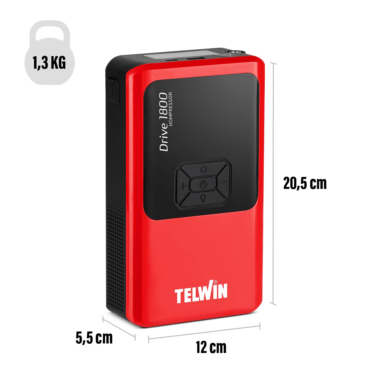 Telwin Drive 1800 Kompressor, Démarreur Booster Multifonction 12V Portable et Ultra-Compact pour Voiture, Moto, Bateau avec Compresseur Intégré, Powerbank et Lampe LED, 1800A démarrage Max