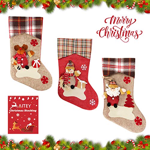 Aitey Christmas Stocking, 18" Set Of 3 Santa, Snowman, Reindeer, Xmas Character 3D Plush With Faux Fur Cuff Christmas Decorations And Party Accessory (Short Hat2) #TOP6