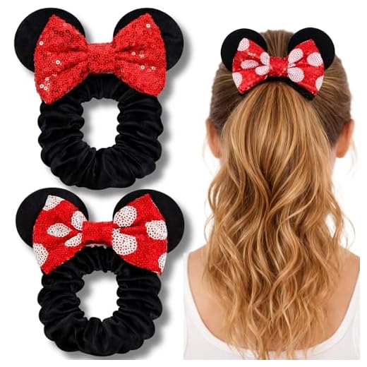 Styla Hair 2 Pack Mouse Ear Scrunchies for Kids Velvet Hair Bow Scrunchies for Women - Sparkle Sequins Mouse Hair Bands for Pony Tail - Red & Black