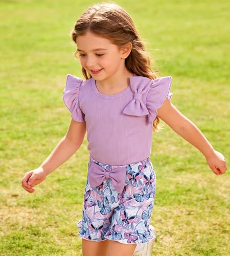 Image of Barlver Girls 2 Piece Short Set Baby Girl Summer Clothes Ruffle Sleeve T-Shirt and Bow Knot Shorts Toddler Girl Outfit Set