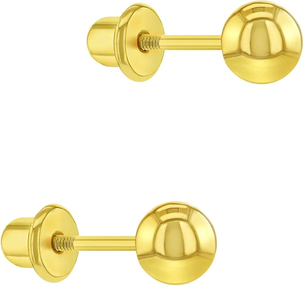 Shiny Gold Plated Classic Plain Ball Screw Back Safety Earrings for