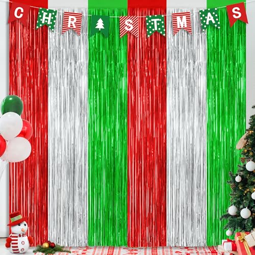2 Pack Christmas Backdrop, 3.28 FT x 7.05 FT Red Silver Green Party Streamer, Metallic Xmas Backdrop Fringe Curtains Foil Tinsel, Christmas Decorations Wall Decor Photo Booth Props