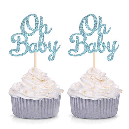 Blue Glitter Oh Baby Cupcake Toppers Baby Shower Boy's First Birthday Party Decorations