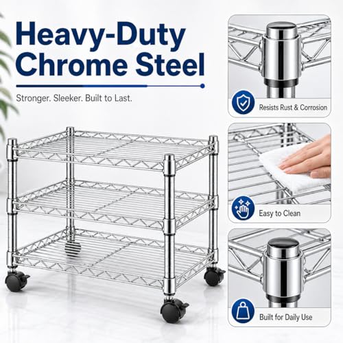 Image of Simple Deluxe 3-Tier Storage Shelves, 750 Lbs Loading Capacity, 24.02 inch W x 13.78 inch D x 21.97 inch H Shelving Unit for Garage, Pantry and Kitchen, Chrome