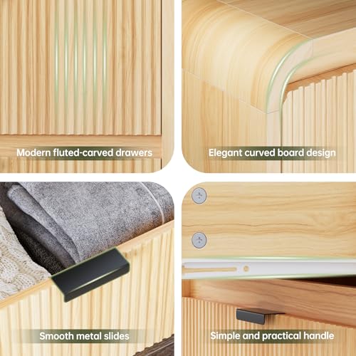 FURSUN Fluted 5 Drawers Dresser for Bedroom, 48" Tall Wooden Modern Dresser with Metal Handle, Curved Profile Design, Storage Organizer for Living Room, Hallway (Natural Oak)