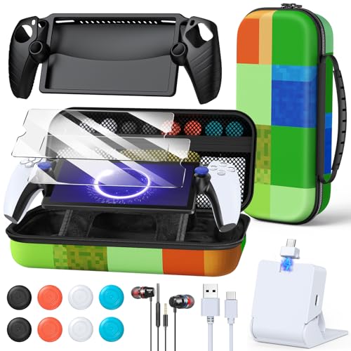 Image of FYOUNG Accessories Kit for PlayStation Portal, Carrying Case Bundle and Magnetic Portable Charger for PS5 Portal with Protective Case, 2 Screen Protectors, Wired Headphone, 8 Thumb Grips (Green)