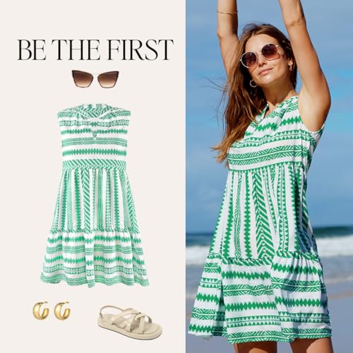 Image of CUPSHE Women's Ruffle Beach Mini Dress Split V Neck A Line Sleeveless Geometric Stripe Tropical Leaf Pattern Summer Dresses