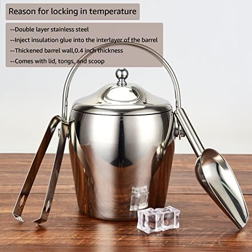 Cubo de hielo para champán con pinzas con tapa de cucharada, cubo de hielo de doble pared para bar de vinos con soporte y asa de transporte, cubo de espejo de acero inoxidable para fiestas, bar y 2