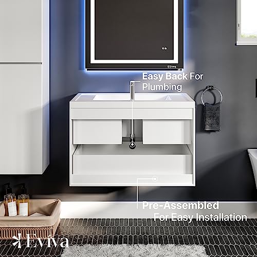 Eviva Glazzy 36 Inch Glossy White Wall Mount Modern Bathroom Vanity With White Integrated Acrylic Top #TOP3