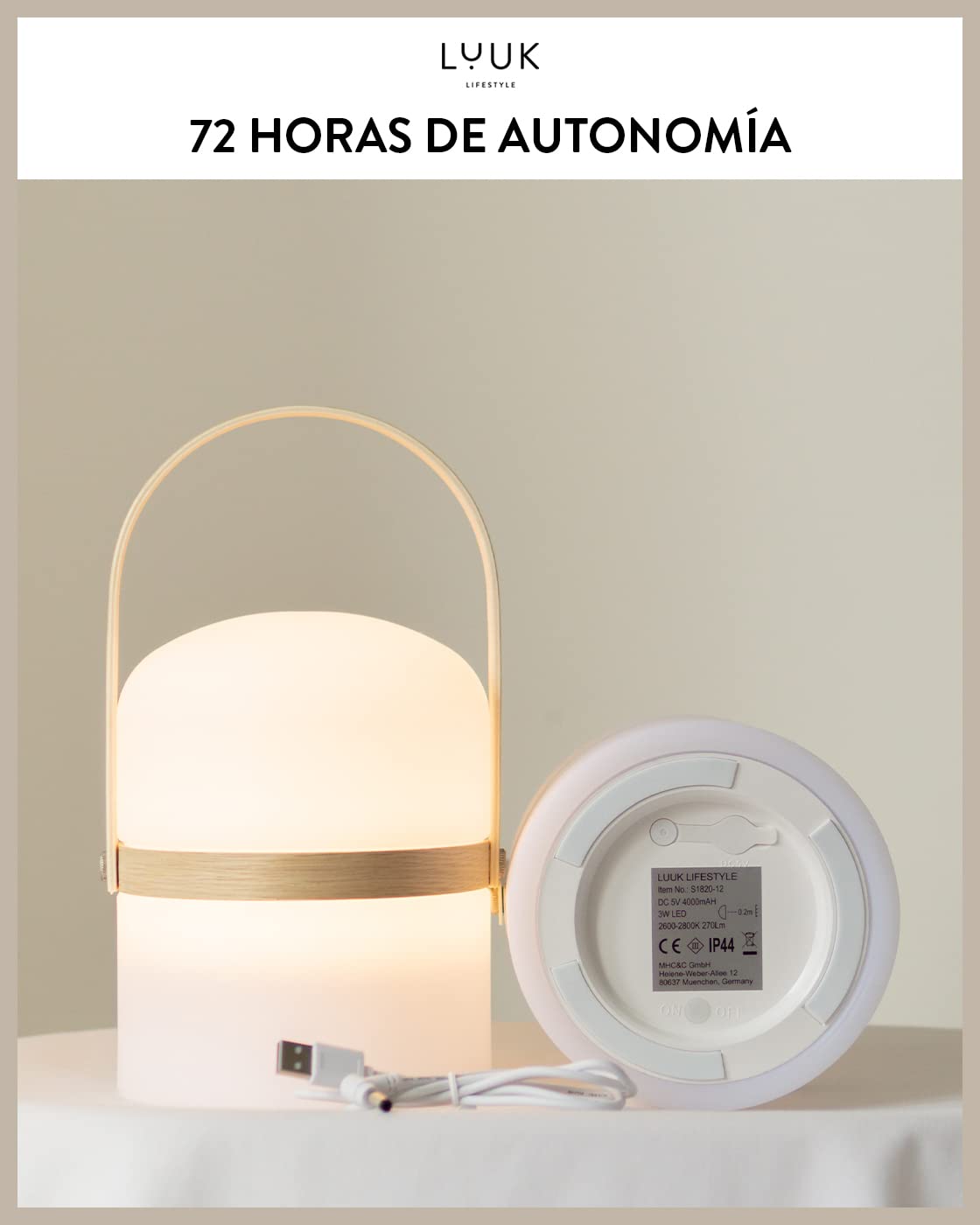 LUUK LIFESTYLE Linterna LED moderna para exteriores e interiores, lámpara de mesa con batería de madera en diseño escandinavo, duración de luz de 72 horas