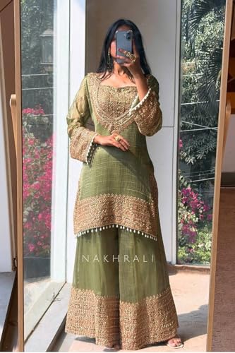 Image of PERFECT CHOICE WOMEN'S Heavy Natural Crep Silk Stitched Ethnic Salwar Kameez - Long Kurti with Embroidered Sleeves, Party & Festival Wear (SF251-ve115 Black1 XXL)