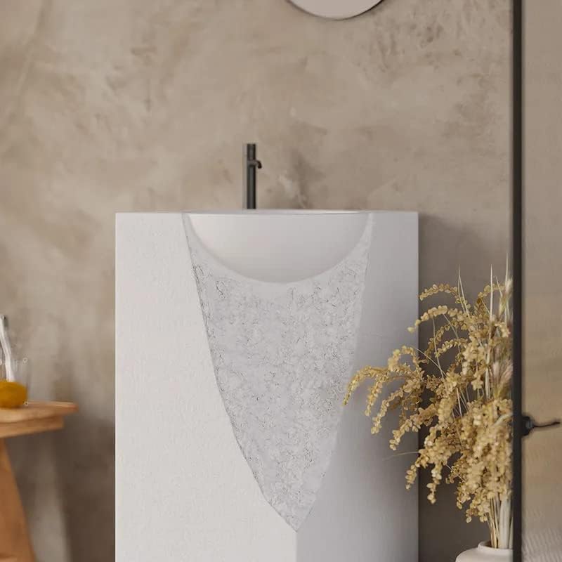 34" Pedestal Sink Japandi Tall Stone Resin Freestanding Sink with Rounded Basin in White (White)