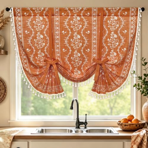 Image of Yinhua Boho Tie Up Curtains for Windows Vintage Linen Valance Light Filtering Floral Valance Rod Pocket Rustic Adjustable Tassel Window Valances for Bathroom, 42 inch W X 45 inch L, Orange