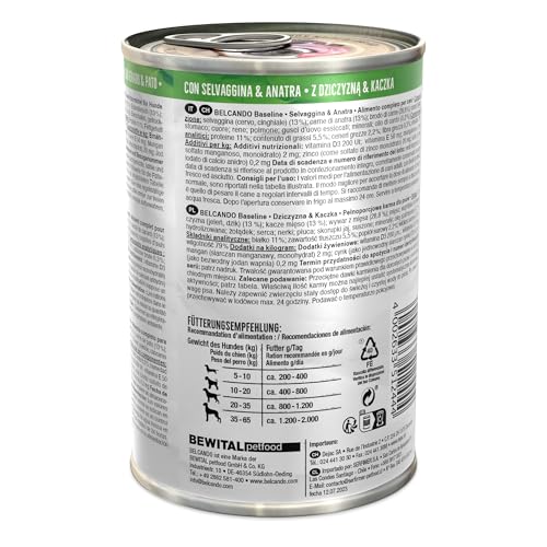 BELCANDO Baseline Nassfutter für Hunde, Wild & Ente, 6X 400g Dose, 70% Fleisch für ausgewachsene Hunde, Hundefutter nass ohne Getreide, Made in Germany