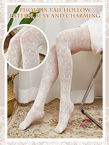 Jiuguva 2 Pieces Hollow out Knitted Patterned Stockings Tights Vertical Strips Pantyhose Cable Knit White Lace Tights Women White Fishnet Stockings, One Size2