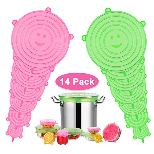 Modohe Silicone Stretch Lids, 14 Pack Silicone Lids Food Covers, Stretchable, BPA Free,No Leak,Various Sizes,Reusable Food Covers for Container,Bowl,Food,Stretchy Lids Used in Freezer,Microwave
